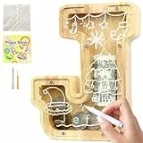 Lakpopya Spardose für Kinder Jungen Mädchen - Personalisiert Durchsichtig Mit Buchstabe Holz A-Z, Zielbereich, Aufkleber & Marker - Taufe Geschenk Dekoration (J)