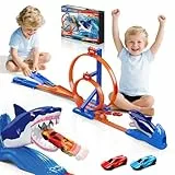 VATOS Rennstrecken Spielzeugauto Set für Kinder, Hai Spielzeug Autorennbahn mit 2 Rennwagen & 2 Looping Track, Springspiel Hai Katapult Stuntbahn, Spielzeug Geschenk für Jungen ab 3 4 5 6 7 8 Jahre