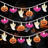 Kimuwote Halloween Lichterkette, 3 Meter 30 LED Lichterkette Batterie, Kürbisse Lila Fledermäuse Weiße Geister Lichterkette für Außen Innen Party Garden Halloween Deko