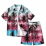 XINYUNZU Jungen Hawaii Hemd mit Shorts Sommer Outfit 2-Teilig Hawaiihemd und Kurze Hose Set Casual Kinderkleidung Kurzarm Leicht Strand Bekleidungssets für Kinder Sale Hot Pink 10 Jahre