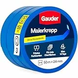 GAUDER Malerkrepp für präzise Farbkanten - Kreppband für Malerarbeiten - Malerband & Abdeckband blau - Abklebeband Maler Washi-Papier - Masking Tape - Klebeband Malertape (3 Rollen - 24 mm x 50 m)