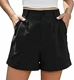 BEIGAI Damen Shorts Sommer Leinen High Waist Shorts mit Taschen,Schwarz,L