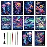 Kratzbilder Set für Kinder und Erwachsene, 8 Stück Rainbow A4 Kratzpapier, Kreatives Scratch Art Set Glow in the Dark für Jungen & Mädchen Weihnachten Geburtstagsgeschenk (Meer)