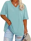 Fisoew Damen Große Größen T-Shirt Halbarm Shirt mit V-Ausschnitt Sommer Lose Basic Oberteil Oversize Kurzarm Baumwolle Tee Tops(Hellblau, 3XL)