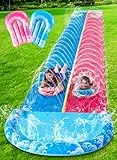 JOYIN 32,5ft/990.6cm Wasserrutsche und 2 aufblasbare Boards, extra Lange Doppel-Garten-Wasserrutsche mit Sprinkler für Kinder und Erwachsene, Sommer-Wasserspielzeug für den Garten, Blau, Rosa