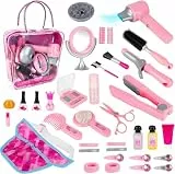 deAO Friseurkoffer Set für Mädchen, 35-teilig Schönheitssalon-Set Modespiel mit Haartrockner, Spiegel, Lockenstab und Zubehör Make-up-Set, Friseur Set Rollenspiel Spielzeug für Kinder