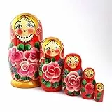 Heka Naturals Russische Matroschka-Puppen, 5 traditionelle Matroschkas Rosen-Stil | Babuschka Holzpuppen, Pinkes Rosen-Design, Handgefertigt in Russland | Rosen, 5 Stück, 18 cm