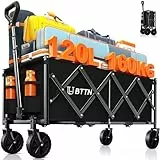 BTTN 120L Klappbarer Bollerwagen, 160kg (350LBS) Traglast Handwagen Faltbar mit Leisen Rädern, Bollerwagen für Garten, Camping, Einkaufen & Picknick, Faltbar Transportwagen mit Stabil Rädern, Schwarz