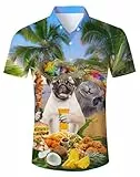 Katze Hawaiihemd Herren Funky Hawaii Hemd Button Down Pizza Hund Lustig Shirt Hemd Bunt Männer Kurzarm Aloha Sommerhemd Freizeithemd für Strandurlaub Blau XL