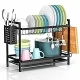 Carastek Abtropfgestell Geschirr, Geschirrkorb Geschirrabtropfgestell Edelstahl Geschirr Abtropfständer Geschirrabtropfgestell mit Utensilienhalter Abtropfschale Haken für Küchentheke Spüle Organizer