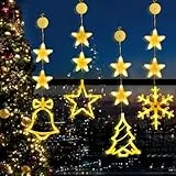 FLSEPAMB 4 Stück LED Sterne Fenster Weihnachtsbeleuchtung, Lichterkette Weihnachten mit Saugnapf, LED Lichtervorhang Weihnachten mit Sterne & Weihnachtsmuster, Fenster Lichter Deko für Weihnachte