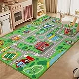 Capslpad Kinderteppich 100x160cm rutschfest Stadtplan Spielteppich Pädagogischer Spielteppich Maschinenwaschbar Kurzer Flor Autoteppich Kinder für Kinderzimmer Schlafzimmer Spielzimme Grün