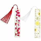 cobee 2 Stück Harz Lesezeichen mit getrockneter Blume Transparent Handgepresst mit Quaste für Frauen Kinder Urlaub Geschenk (Stil B)