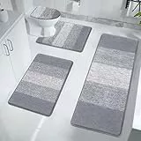 Enyhom Badezimmerteppich Set 4 teilig rutschfest Waschbar Badematten WC Vorleger mit Ausschnitt, Mikrofaser Badvorleger Set und Toilettendeckel Duschvorleger, Hellgrau