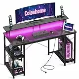 Coleshome Gaming Tisch mit LED-Beleuchtung, 120x50cm Gaming Schreibtisch mit 2 Steckdosen & 2 USB-Anschlüssen, Computertisch mit Monitorständer & Stauraum, Home Office Schreibtisch, Schwarz