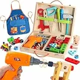 Rtomry Spielzeug ab 3 Jahre, Werkzeugkoffer Kinder Montessori Spielzeug ab 3 4 5 Jahre Junge Mädchen Holzspielzeug mit Akkuschrauber & Schürze Role Play Werkzeugkasten Geschenke für Kinder