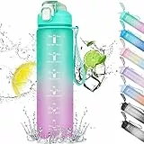CodiCile 1L Wasserflasche, Trinkflasche mit Strohhalm und Zeitmarkierung, auslaufsichere Sportflasche mit BPA-freiem Deckel für Sport, Fitnessstudio, Büro, Camping, Laufen (grünes Pulver)