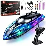 Auniq Ferngesteuertes Boot für Kinder Erwachsene, 2.4-GHz RC Boot mit RGB Beleuchtung, Hohe Geschwindigkeit 20 km/h Doppelpropeller Selbstaufrichtend Elektrische Rennboote Schiff Poolspielzeug