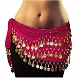 MyBeautyworld24 Belly Dance Bauchtanz Hüfttuch Kostüm 128 goldfarbenen Münzen Münzgürtel Fasching Karneval Tanzaufführung Gürtel in pink/Marke PRECORN