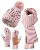 FISFET Mütze, Schal & Handschuh-Sets für Damen, Beanie Mütze Damen Winter mit Bommel Fleece Gefütterte, Touchscreen Handschuhe Schal Wärmer Cap 3 in 1 Geschenk Set(Rosa)