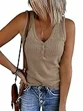 Saodimallsu Damen Tops Ärmellose V-Ausschnitt Casual Tank Tops Lockerer Knopfverschluss Henley Shirt Dunkles Khaki L