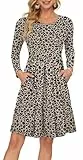 AUSELILY Damen Langarm Plissee Loose Swing Freizeitkleid mit knielangen Taschen Leopard L