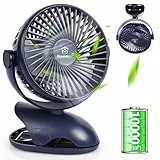 Dreamhigh® USB Ventilator 10000mAh, Maximale Akkulaufzeit 35 Stunden, 360° Drehung Mini Ventilator Akku, 4 -Gang Tischventilator Klein, Clip Fan für Desktop, Kinderwagen, Büro, Wohnmobil，Camping