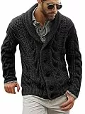 Herren-Strickjacke mit Zopfmuster, Schalkragen, lockere Passform, langärmelig, lässige Strickjacke, Schwarz, XL