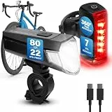 FISCHER Twin Fahrradlicht Set, 360° Bodenbeleuchtung, LED Fahrradlampe 80 Lux, Akku aufladbar mit USB C, vorne und hinten werkzeuglos montierbar