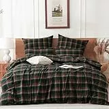 TOCOMOA Bettwäsche 135x200 Kariert 4teilig, 100% Gewaschene Baumwolle Bettwäsche-Sets Grün und Rot, Leinenoptik und Atmungsaktiv Bettwaren mit Reißverschluss, 2 Bettbezug und 2 Kissenbezug 80x80 cm