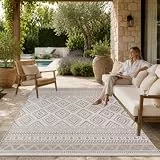 Paco Home Outdoor Teppich, Wetterfest, UV-beständig & Pflegeleicht, Flachgewebe Modern Boho-Style. Ideal für Terrasse Balkon Wohnzimmer & Küche, Grösse:160x220 cm, Farbe:Beige 2