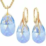Ohrringe Silber 925 mit Halskette Damen Set - Vergoldet 24 K - Hochwertige Zirkone - Schmuck Kette damen - Ohrringe Set mit Halskette Ideal Geschenkidee (Light Sapphire Shimmer)