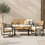 casa.pro Gartenmöbelset Calciano 4-TLG. Balkonmöbel Tisch mit Bank und 2 Stühlen Outdoor Sitzgarnitur Polsterkissen Lounge Möbel Rattan-Optik wetterfest