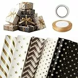 5er-Set Geschenkpapier Schwarz Gold Set 70x50cm Packpapier mit Doppelseitigem Klebeband & Geschenkband Gift Wrapping Paper Geschenkverpackung für Weihnachten, Geburtstag, Hochzeit, Jubiläum