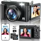 4K 64MP Digitalkamera mit WLAN,180° Flip Screen Autofokus Vlogging Fotoapparat mit Selfie,16X Digitalzoom, 7,6cm LCD-Monitor, WiFi Kompaktkamera mit 32GB Karte 2 Batterien für Anfänger