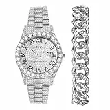 JewelryWe Herrenuhr Armband Set: 2pcs Silber Iced Out Uhr und Armband Schmuckset für Männer Frauen Glitzer Strass Metallarmband Kalender Analog Quarz Armbanduhr Bling Diamant Panzerkette Armkette