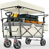 TRESKO® Bollerwagen Faltbar mit Dach, Kühlfach & Seitenrollos | Handwagen max. belastbar bis 150kg | Transportwagen mit Vollgummireifen & Feststellbremsen (Vorne & Hinten) und 3-Punkt-Gurt (Beige)