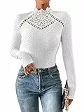 GORGLITTER Damen Bodysuit Elegant Bodies Stehkragen Öse Stickerei Bodys Langarm Body mit Spitzeneinsatz Weiß L