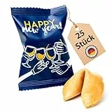 Lucky Treats Silvester Glückskekse 2025-25 Stück - Salted Caramel Geschmack - Gastgeschenke Silvester - Sprüche auf Deutsch & Englisch - Vegan - Made in Germany