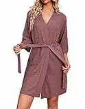 Ekouaer Morgenmantel Damen Kurz 3/4 Ärmel Waffle Saunamantel Bindgürtel Nachtwäsche Robe Sexy V-Ausschnitt Rosiges Braun S