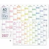 Häfft® Wandkalender 2027 A3 quer (42 x 29,7 cm) Wandplaner mit Ferien und Feiertagen für DE, Jahresplaner gefalzt inkl. gratis A4-Kalender 'Rainbow'