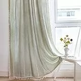 Freyamy Vorhänge Durchscheinend Bohemian Bestickte Grün Streifen Quasten Vorhang Baumwolle Leinen Gardinen Boho Vintage Schiebevorhänge Blickdich Fensterdekoration 2er Set (B140xH240)