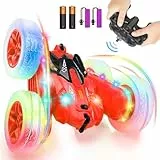 SGILE Red Ferngesteuertes Auto, RC Stunt mit LED-Lichtern 2,4Ghz Doppelseitiges 360° drehendes Wiederaufladbares Kinderspielzeug für Jungen Mädchen, Rot
