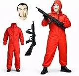 FASCHINFEVER Haus des Geldes Kostüm Set - 3 in 1 Set - mit Dali Maske, Overall rot Unisex, Gewehr Aufblasbar für Halloween, Fasching als Verkleidung für Herren & Damen (180-200cm)