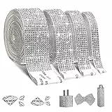 EANLOLY Selbstklebende Strassband Kristall Strass, Bling Glitzersteine Selbstklebend, DIY Diamant Band, 4 Rollen in 4 Größen（Silber）