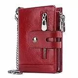 REETEE Geldbörse für Damen, RFID-Blockierung, Kleiner Reißverschluss, 16 Kartenfächer, aus Leder, Bifold Wallet mit Kette, Rot, Court paragraphe, Klassisch