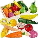 HERSITY Obst Gemüse Schneiden Kinder Holz Lebensmittel Spielzeug, Holzspielzeug Küche mit Aufbewahrungskoffer, Lernspielzeug Rollenspiele Geschenk für Kinder ab 3 4 5 Jahren