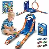 VATOS Rennauto Spielzeug Kraftstofftank Rennstrecke für Kinder, 2-in-1 Modus Autorennbahn mit 6 Spielzeugautos, Aufbewahrungs-Stuntbox Strecke Spielzeug Geschenk für Jungen ab 3 4 5 6 Jahren