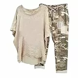 AACH Damen Leinen Zweiteiler Outfit Sommer Hose und T-Shirt 12 Teiler Anzug Casual Tarnhose Freizeitanzug Set Einfarbige Leinenanzug Sportanzug Sommer