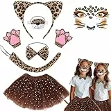7 Stück Leopard Kostüm Set, Tierkostüm Kinder inklusive Tutu Rock, Leopard Ohren Stirnband, Schwanz, Nase, Handschuhe, Fliege leopard Gesicht Kunst Aufkleber, für Halloween Karneval Geburtstag Kostüm